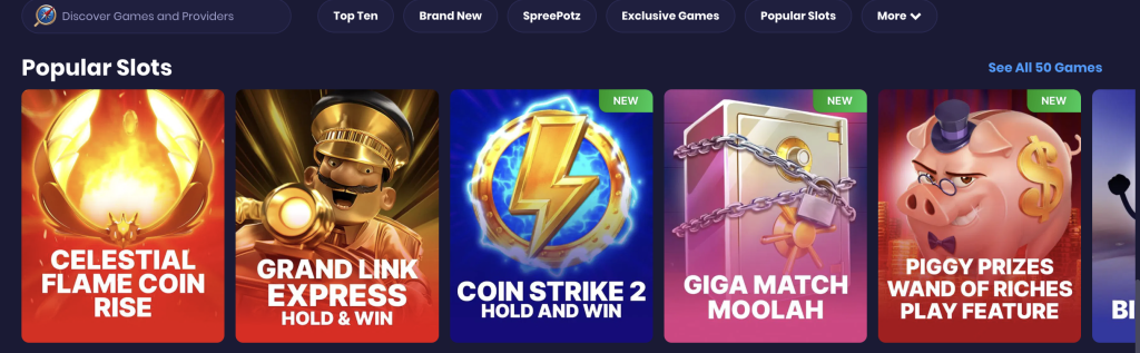 Spree Casino popular slots selection showcasing Celestial Flame Coin Rise, Grand Link Express Hold & Win, Coin Strike 2 Hold & Win, Giga Match Moolah, and Piggy Prizes Wand of Riches. Bright and colorful slot game icons displayed on a dark-themed interface, highlighting trending and new online casino games.