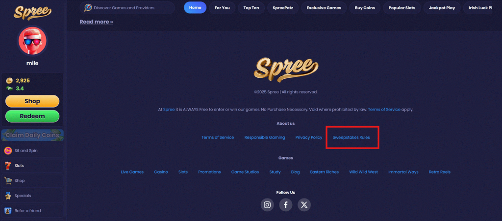 Spree Casino website footer showing navigation links including Terms of Service, Responsible Gaming, Privacy Policy, and highlighted Sweepstakes Rules link for legal gameplay compliance.
