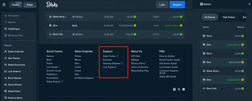 Stake.us casino support page showing Help Center, Fairness policy, Gaming Helpline, and Live Support options with navigation menu for games, promotions, and player guides.