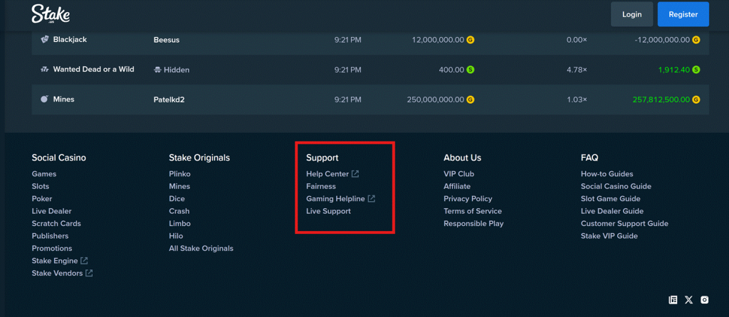 Stake.us casino footer displaying support links including Help Center, Fairness, and Gaming Helpline