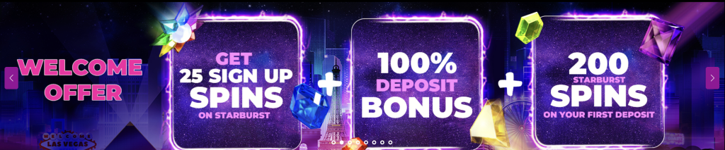Stardust Casino welcome bonus offer showcasing 25 free sign-up spins on Starburst, 100% deposit bonus, and 200 extra Starburst spins on first deposit, with neon-styled gems and Las Vegas backdrop