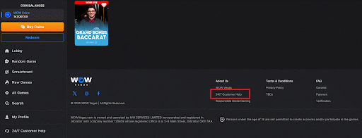 Screenshot of the footer on Wow Vegas