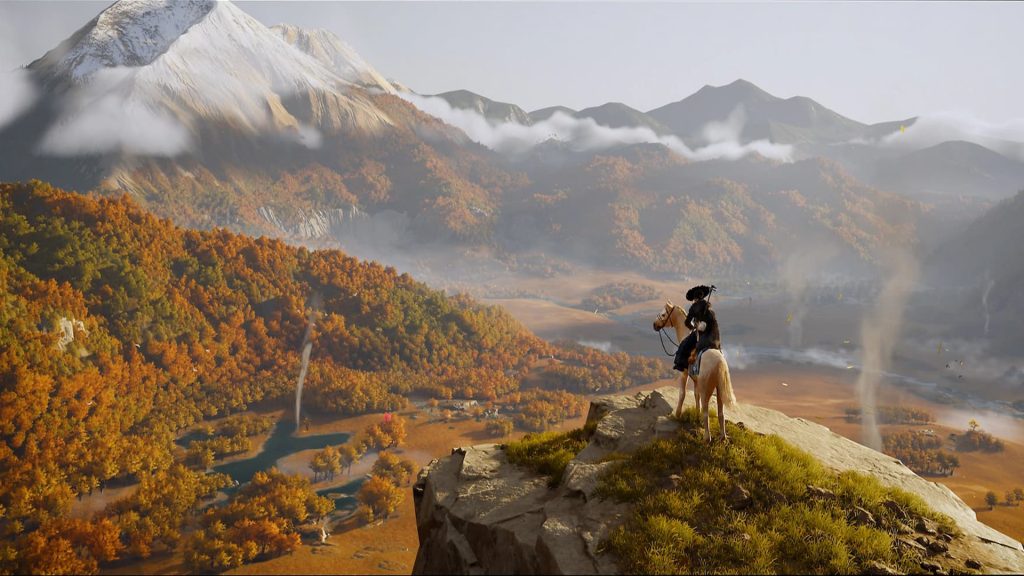 Atsu riding her horse looking over a large forested area and a mountain in the background in Ghost of Yotei.