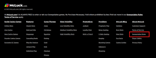 Screenshot of the footer on McLuck Casino