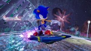 Sonic racing on a Sonic Riders board in Sonic Racing: CrossWorlds.