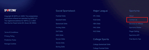 Screenshot of the footer on Sportzino