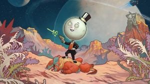 Moon Man from The Outer Worlds 2 kneeling and holding a gun.