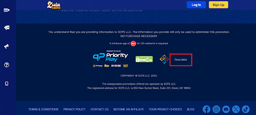 Screenshot of the footer on Zula Casino