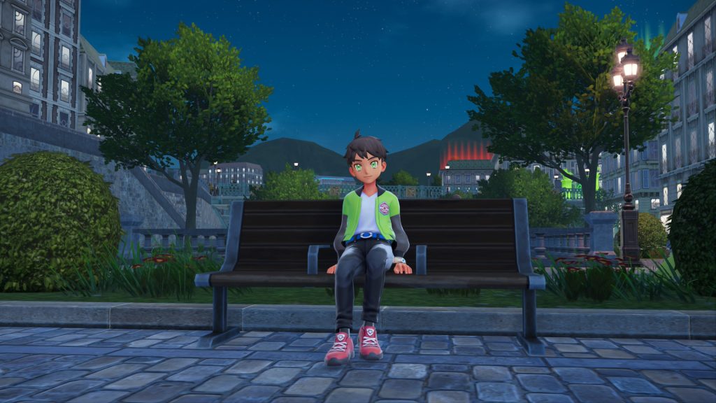 A player sat on a bench in Pokemon Legends Z-A
