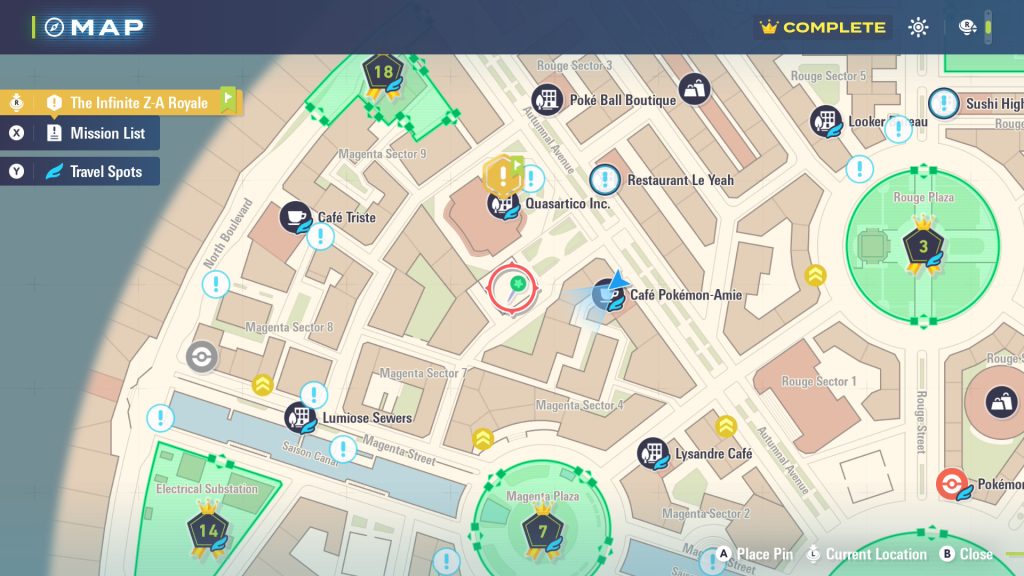 A location on the Pokemon Z-A map marked.