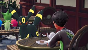 Umbreon in a cafe with a player in Pokémon Legends: Z-A