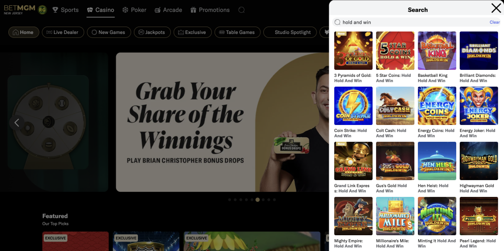 BetMGM Casino New Jersey ‘Hold and Win’ slot games search results showcasing titles like 3 Pyramids of Gold, 5 Star Coins, Basketball King, Brilliant Diamonds, Coin Strike, Colt Cash, Energy Coins, Energy Joker, Grand Link Express, Gus’s Gold, Hen Heist, Highwayman Gold, Mighty Empire, Millionaire’s Mile, Minting It Hold and Win, and Pearl Legend — displayed on the BetMGM Casino interface with Brian Christopher Bonus Drops promotion banner.