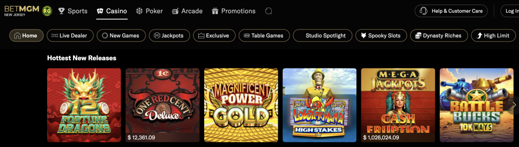 BetMGM Casino New Jersey homepage showcasing the hottest new online slot releases — titles include 12 Fortune Dragons, One Red Cent Deluxe, Magnificent Power Gold, Lobstermania High Stakes, Mega Jackpots Cash Eruption, and Battle Bucks 10K Ways — displayed under the navigation bar with options for Live Dealer, Jackpots, and Exclusive Games.
