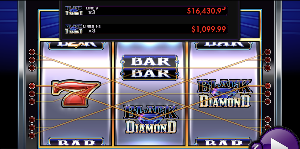 Screenshot of the Black Diamond online slot machine showing BAR and Red 7 symbols with multiple paylines highlighted and jackpot amounts displayed — top progressive jackpot at $16,430.99 and secondary jackpot at $1,099.99