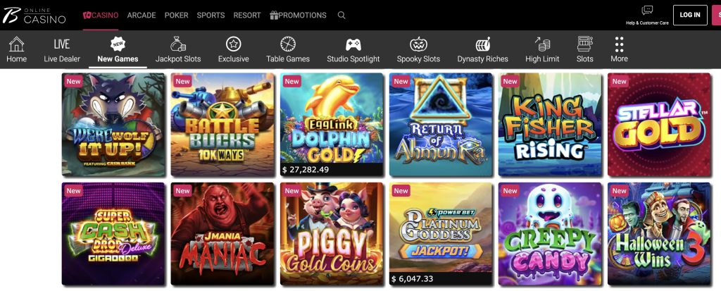 Borgata Online Casino homepage displaying the newest slot game releases, including Werewolf It Up, Battle Bucks 10K Ways, EggLink Dolphin Gold, Return of Ahmun Ra, King Fisher Rising, Stellar Gold, Super Cash Drop Deluxe, JMania Maniac, Piggy Gold Coins, Platinum Goddess Jackpot, Creepy Candy, and Halloween Wins 3 — featured under the New Games section with navigation options for Live Dealer, Jackpot Slots, and Exclusive titles.
