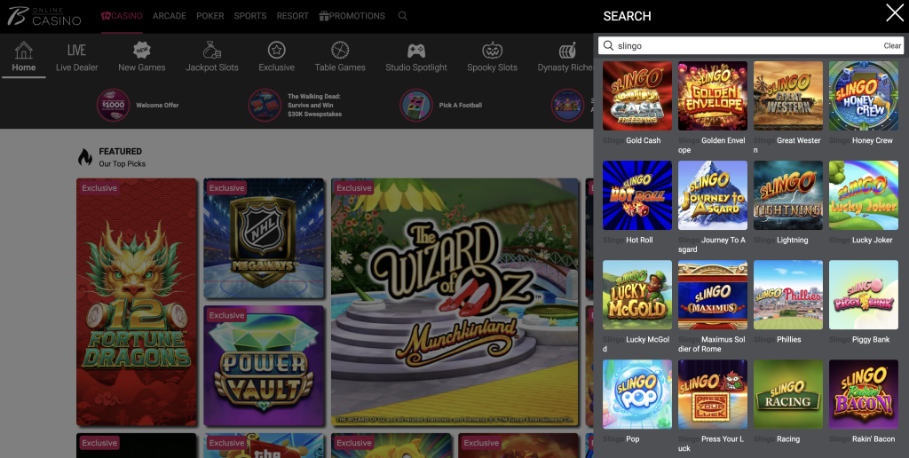 Borgata Online Casino Slingo games page showing a wide selection of Slingo titles including Slingo Gold Cash, Slingo Golden Envelope, Slingo Great Western, Slingo Honey Crew, Slingo Hot Roll, Slingo Journey to Asgard, Slingo Lightning, Slingo Lucky Joker, Slingo Maximus Soldier of Rome, Slingo Piggy Bank, and more — alongside featured exclusives like 12 Fortune Dragons, NHL Megaways, and The Wizard of Oz Munchkinland.