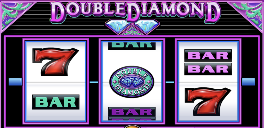 Double Diamond classic slot machine showing red sevens, BAR symbols, and the Double Diamond logo on a black and neon purple background — a popular retro-style casino slot game known for big payouts.