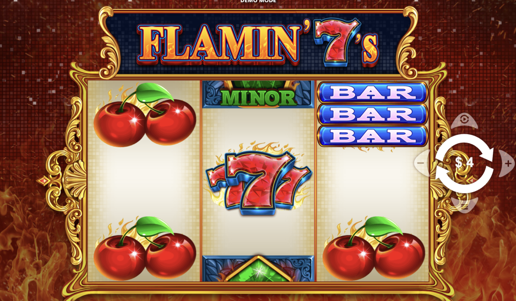 Flamin’ 7’s slot machine with classic symbols including cherries, BAR icons, and a fiery red lucky seven at the center of the reels, set against a glowing gold and red casino background — a vibrant depiction of the Flamin’ 7’s online slot game.