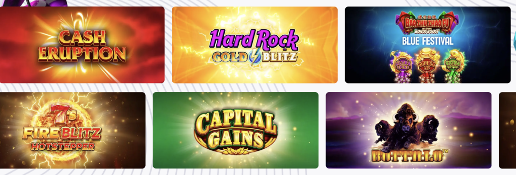 Hard Rock Bet online casino registration page showcasing popular slot games including Cash Eruption, Hard Rock Gold Blitz, Bao Zhu Zhao Fu Blue Festival, Fire Blitz Hotstepper, Capital Gains, and Buffalo — bright, colorful slot thumbnails highlighting featured titles for new casino players.