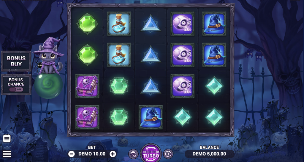 Hocus Pocus Sorcery online slot game featuring magical symbols like spell books, witch hats, potions, and glowing gems — set in a spooky graveyard with a cute wizard cat mascot offering bonus buy and turbo spin options.