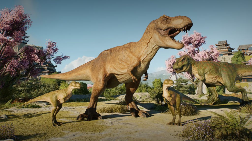 AT.Rex and its offspring in Jurassic World Evolution 3.