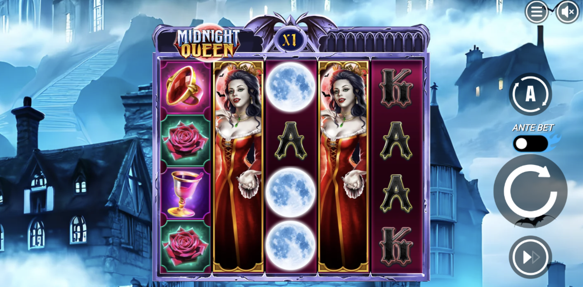 Midnight Queen online slot game featuring a gothic vampire queen in a red dress, full moons, red roses, and jeweled rings against a misty haunted castle backdrop — dark fantasy-themed casino slot with rich visuals and eerie atmosphere