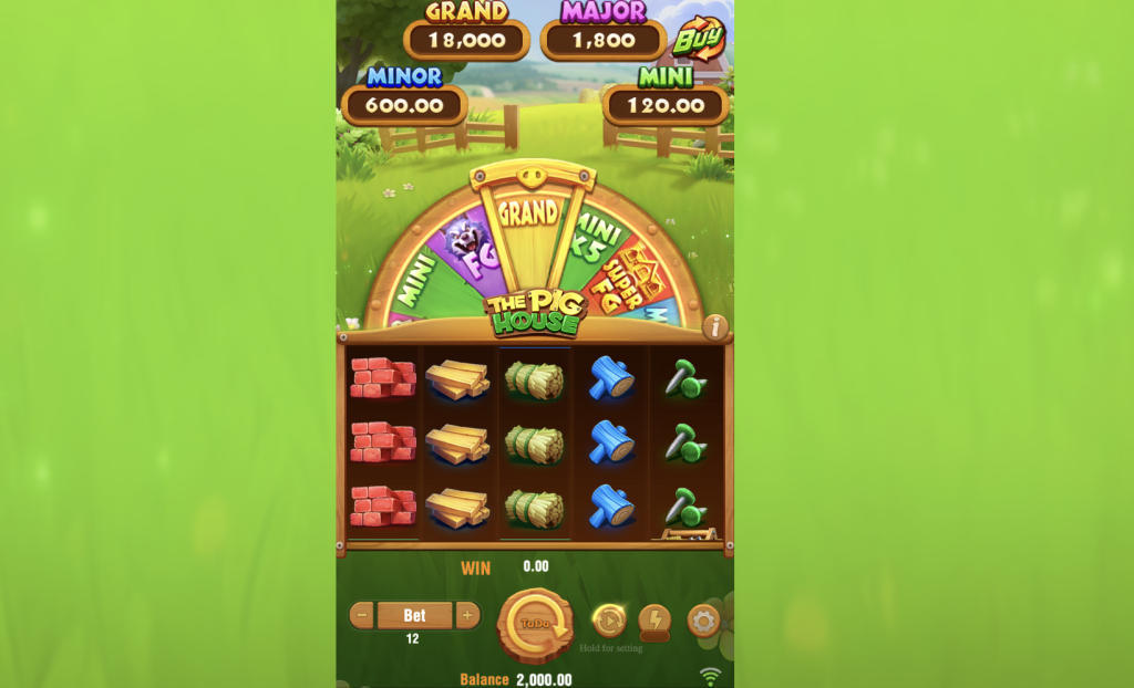The Pig House online slot game featuring a colorful spinning wheel bonus with Grand, Major, Minor, and Mini jackpots — playful farmyard theme with reels showing bricks, wood, hay, and tools set against a bright green countryside background.