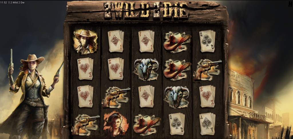 2 Wild 2 Die slot game featuring a female gunslinger, playing cards, revolvers, ram skulls, and cowboy hats set against a fiery Wild West backdrop