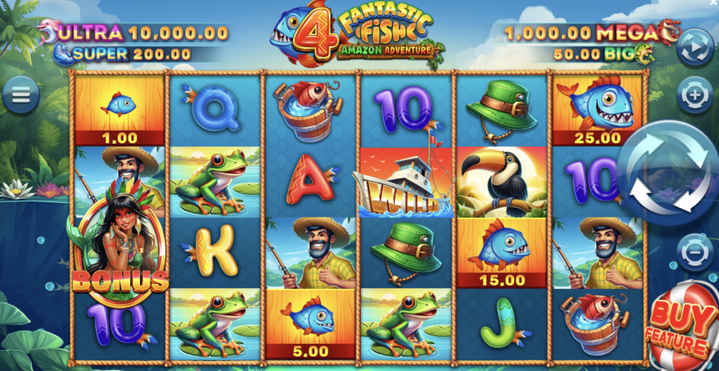 4 Fantastic Fish: Amazon Adventure slot game showing colorful reels with fishermen, exotic fish, frogs, toucans, and bonus symbols set in a tropical rainforest backdrop with Ultra, Mega, Super, and Big jackpot prizes.
