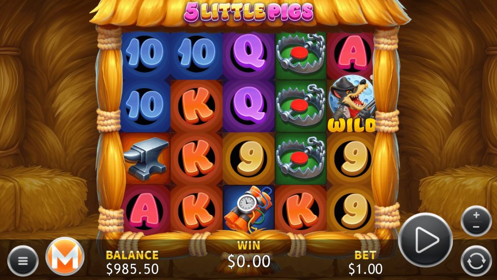 The 5 Little Pigs slot shows its cartoon-style reels filled with colorful symbols and the wolf wild feature highlighted for gameplay excitement.