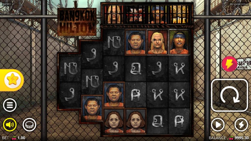 The Bangkok Hilton slot displays its gritty prison-themed grid with inmate character symbols that define its dark, intense atmosphere.