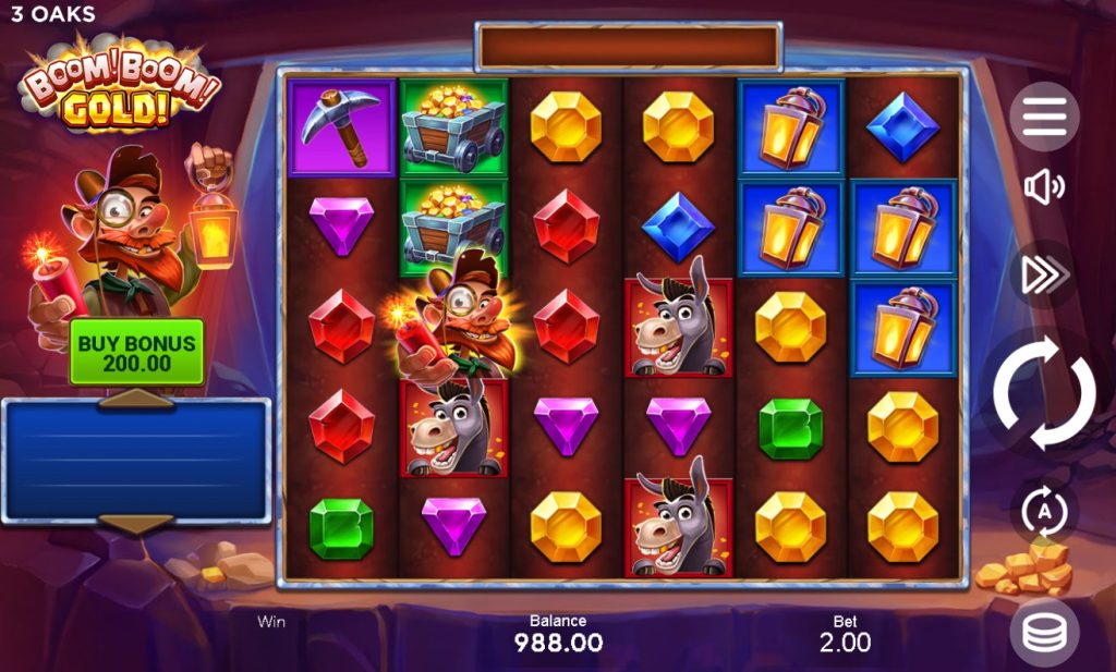 A colorful Boom! Boom! Gold! slot game screen showing gem symbols, donkey icons, and mining-themed elements used to highlight its explosive bonus features.