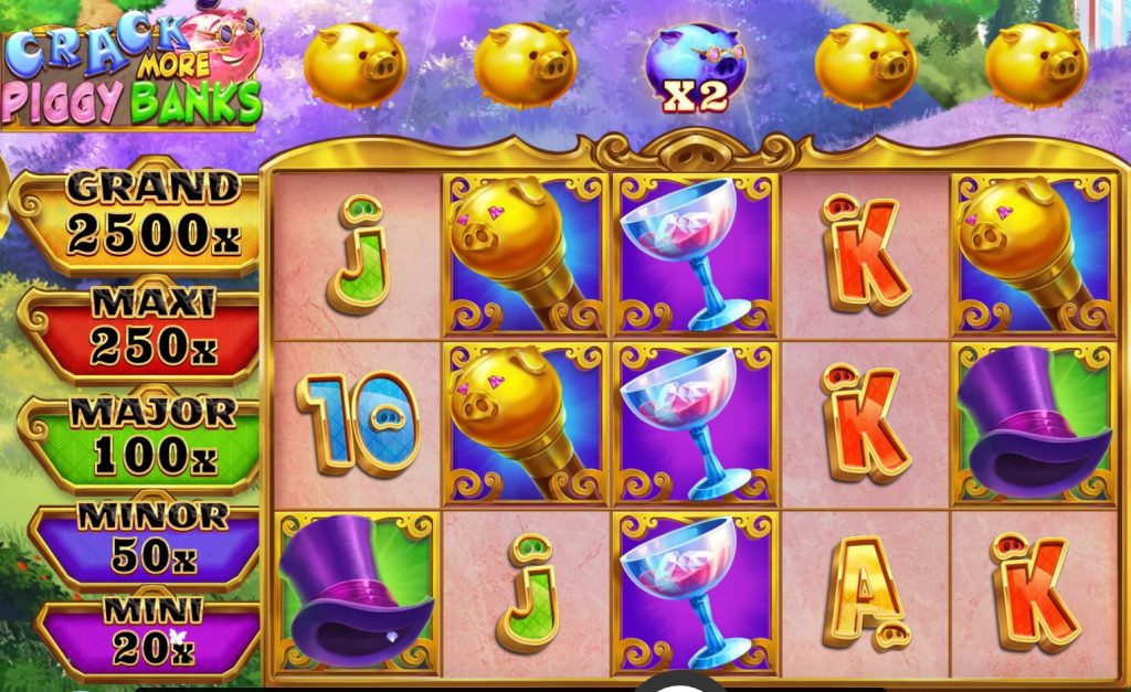 Crack More Piggy Banks slot showcasing golden piggy banks, colorful reels, and prize tiers for grand, major, and minor rewards in a cheerful setting.
