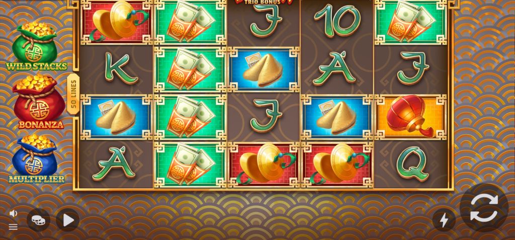 Dragon Trio Bonus slot displaying fortune-themed icons like gold coins, red lanterns, and lucky money envelopes in a Chinese aesthetic.