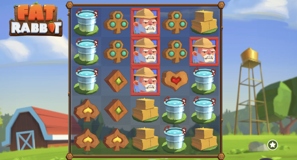 Fat Rabbit slot game featuring a cartoon farmyard theme with colorful reels showing farmers, water buckets, hay bales, and farming tools against a bright countryside backdrop.