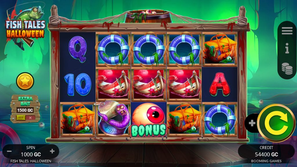 Fish Tales Halloween slot with spooky aquatic-themed symbols, glowing eyes, and eerie bonus icons in a dark swamp setting.