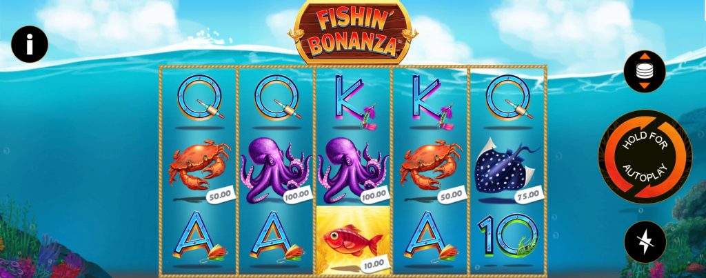 Fishin’ Bonanza slot featuring a bright underwater theme with crabs, octopus, and stingrays spinning on ocean reels.