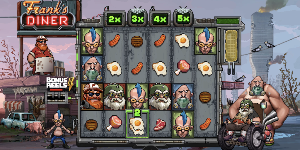 Frank’s Diner slot game featuring cartoon-style biker characters, fried eggs, sausages, and burgers as reel symbols in a gritty post-apocalyptic setting.