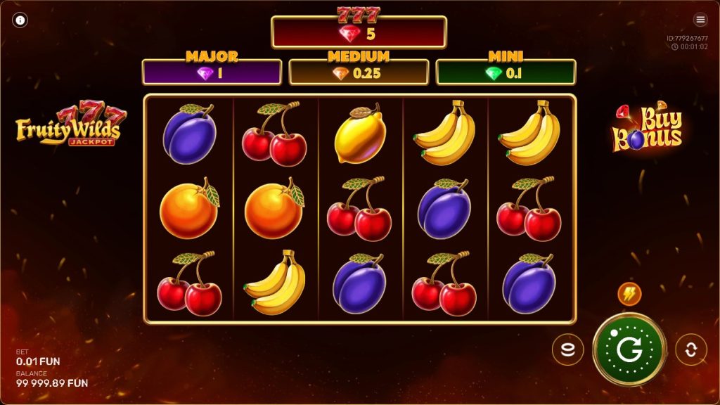 Bright fruit symbols like plums, cherries, oranges, and bananas spin across the reels in the Fruity Wilds slot, highlighting its simple jackpot-focused gameplay. The layout emphasizes classic fruit-machine style with bonus buy elements integrated into the interface.