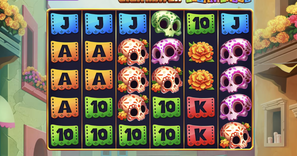 Giga Match Sugar Skull slot game with colorful sugar skulls, marigold flowers, and traditional Mexican symbols inspired by Día de los Muertos, set against a festive village backdrop.