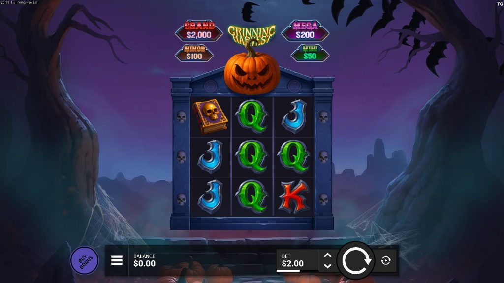 The Grinning Harvest slot showcases a Halloween-themed reel framed by a glowing jack-o’-lantern and prize tiers above the grid.