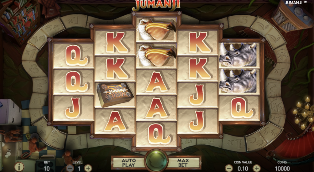 Jumanji online slot game featuring animal symbols like pelicans and rhinos, Jumanji board game bonus symbol, and jungle-themed reels inspired by the classic adventure movie.