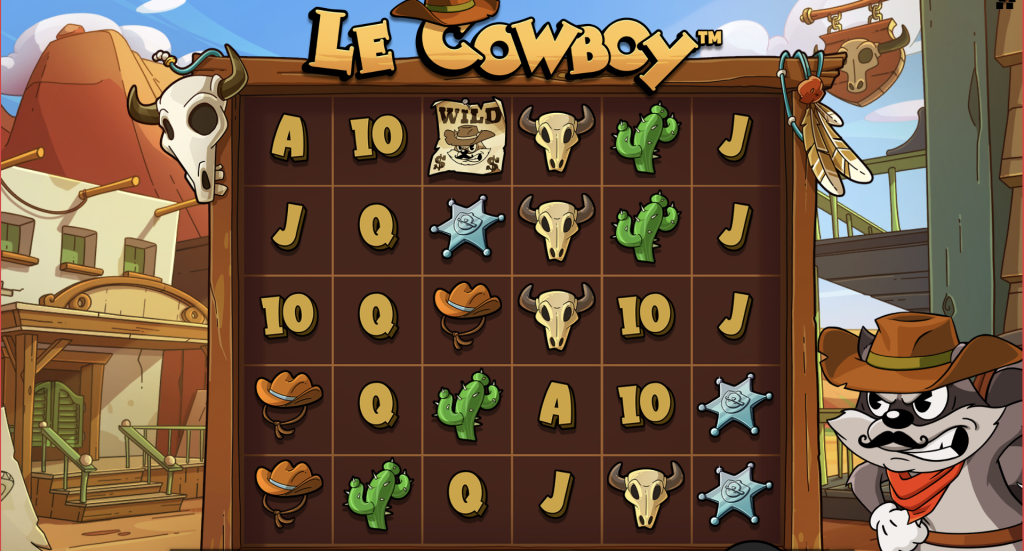 Le Cowboy slot game featuring a Wild West theme with cartoon graphics, cowboy hats, sheriff badges, cacti, and bull skull symbols set against a desert town backdrop.