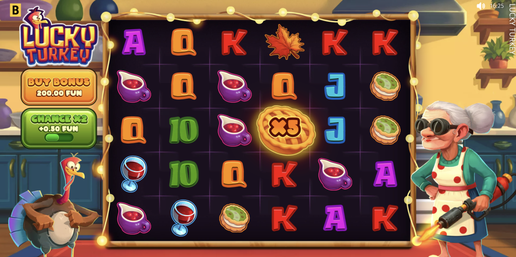 The Lucky Turkey slot screenshot displays its kitchen-themed grid filled with bright icons like pies, mugs, and leaves while highlighting the game’s holiday-style multiplier. Characters and props frame the reels to emphasize the playful Thanksgiving aesthetic.