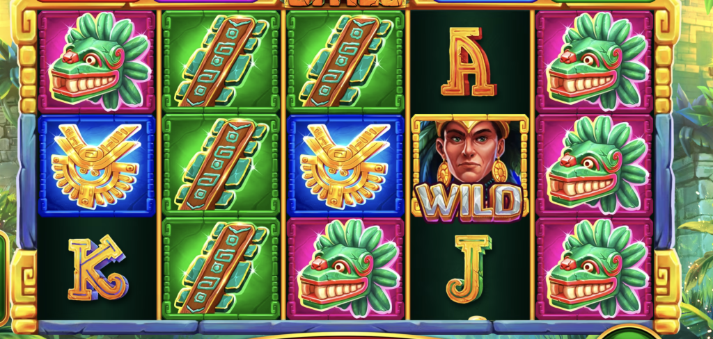 Mad Hit Hidden Cities slot game featuring Aztec-style reels with colorful masks, golden artifacts, and a regal wild symbol set in a vibrant jungle temple background.