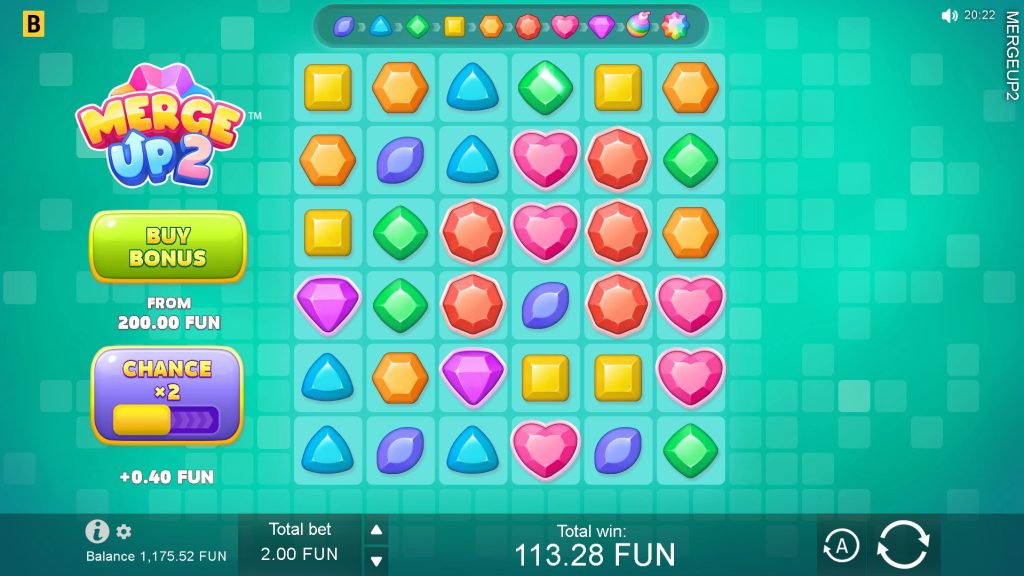 The Merge Up 2 slot presents a bright board of colorful gem symbols designed for its merge-style gameplay focus.