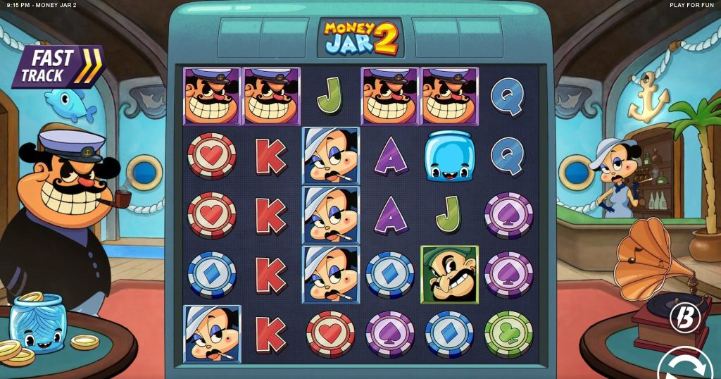 The Money Jar 2 slot gameplay screen shows its cartoon-style characters and colorful poker chip symbols arranged on the reels during a spin. The cheerful blue jar character sits among the symbols, highlighting the playful theme of Money Jar 2.
