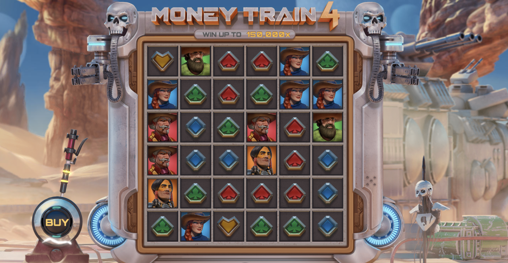 Money Train 4 slot game featuring a futuristic Wild West design with armored trains, guns, skull motifs, and character symbols, offering up to 150,000x wins in a sci-fi desert setting.