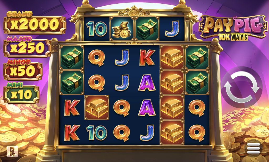 ay Pig 10K Ways slot game screen featuring gold bars, cash stacks, coins, multiplier jackpots, and colorful symbol reels set against a vibrant purple and gold background.