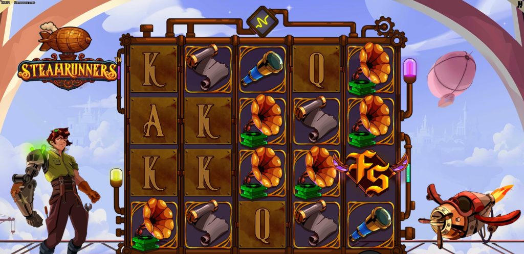 The Steamrunners slot presents its steampunk-styled reels filled with gramophones, scrolls, and telescopes, emphasizing the adventurous retro-tech theme of Steamrunners. A heroic inventor stands beside the grid as airships hover in the sky behind it.